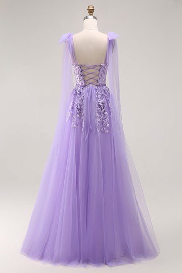Purple A Line Sequin Lace Up Back Tulle Long Prom Dress with Bow Straps